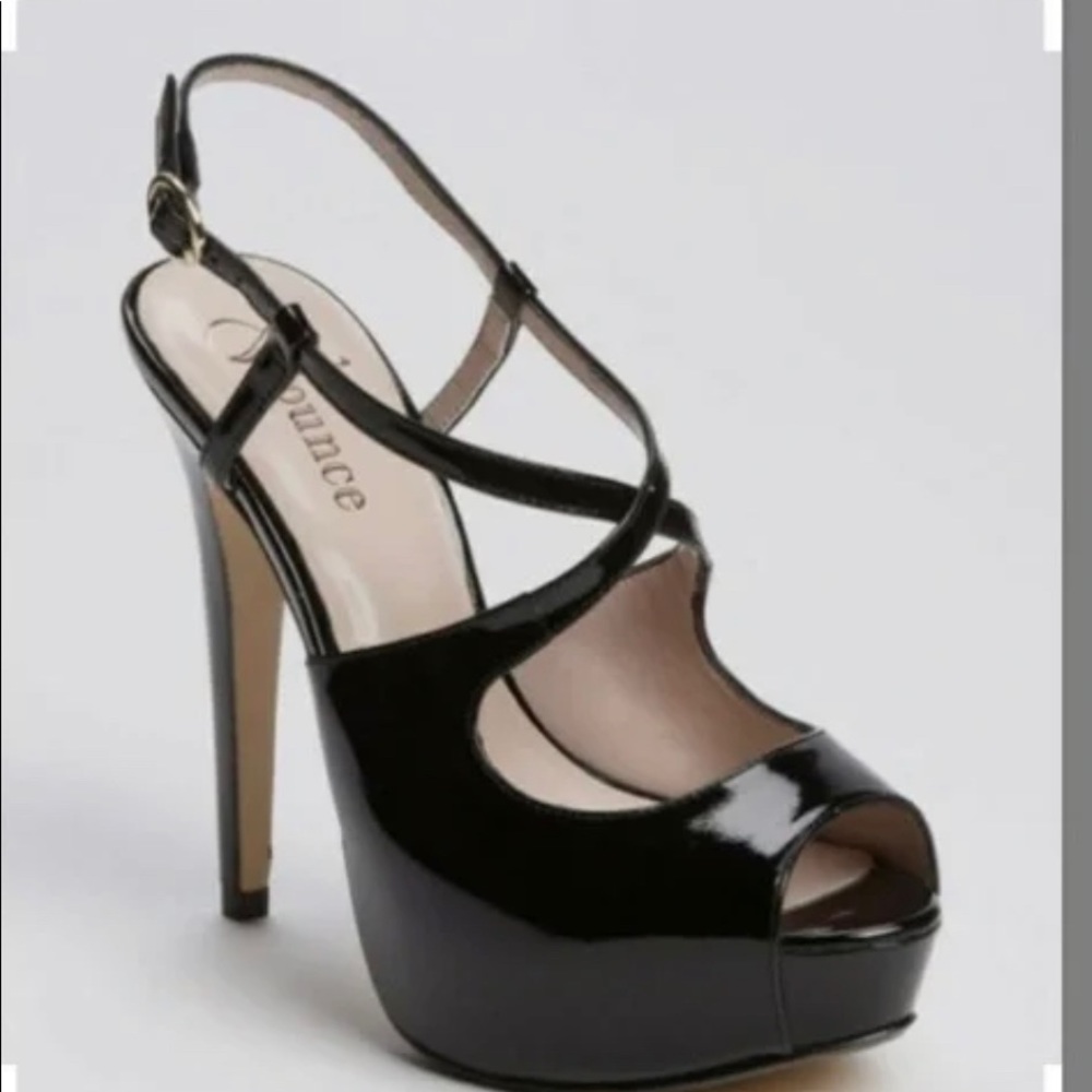 Flounce Black Patent Peep-Toe Strapped High Heels Size 5 1/2